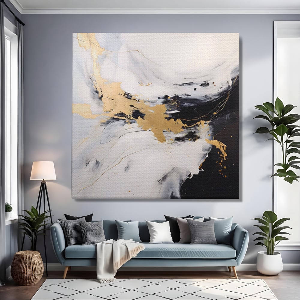 Tablou canvas cu tablou abstract cu insertii aurii, fara rama, pe sasiu de lemn, pe perete intr-un living